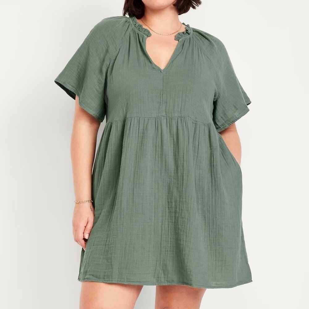 (NWT) Old Navy - light green Split-Neck Crinkle Gauze Mini Swing Dress (XL)